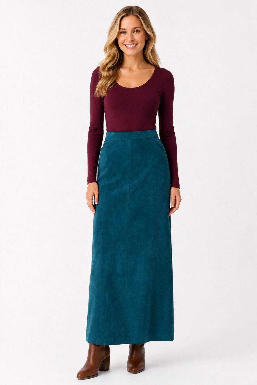 Vintage Y2K Norton McNaughton Teal Faux Suede A-Line Maxi Skirt w/ Back Slit